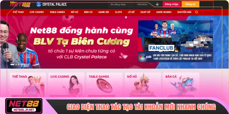 Giao diện thao tác tạo tài khoản mới vô cùng nhanh chóng